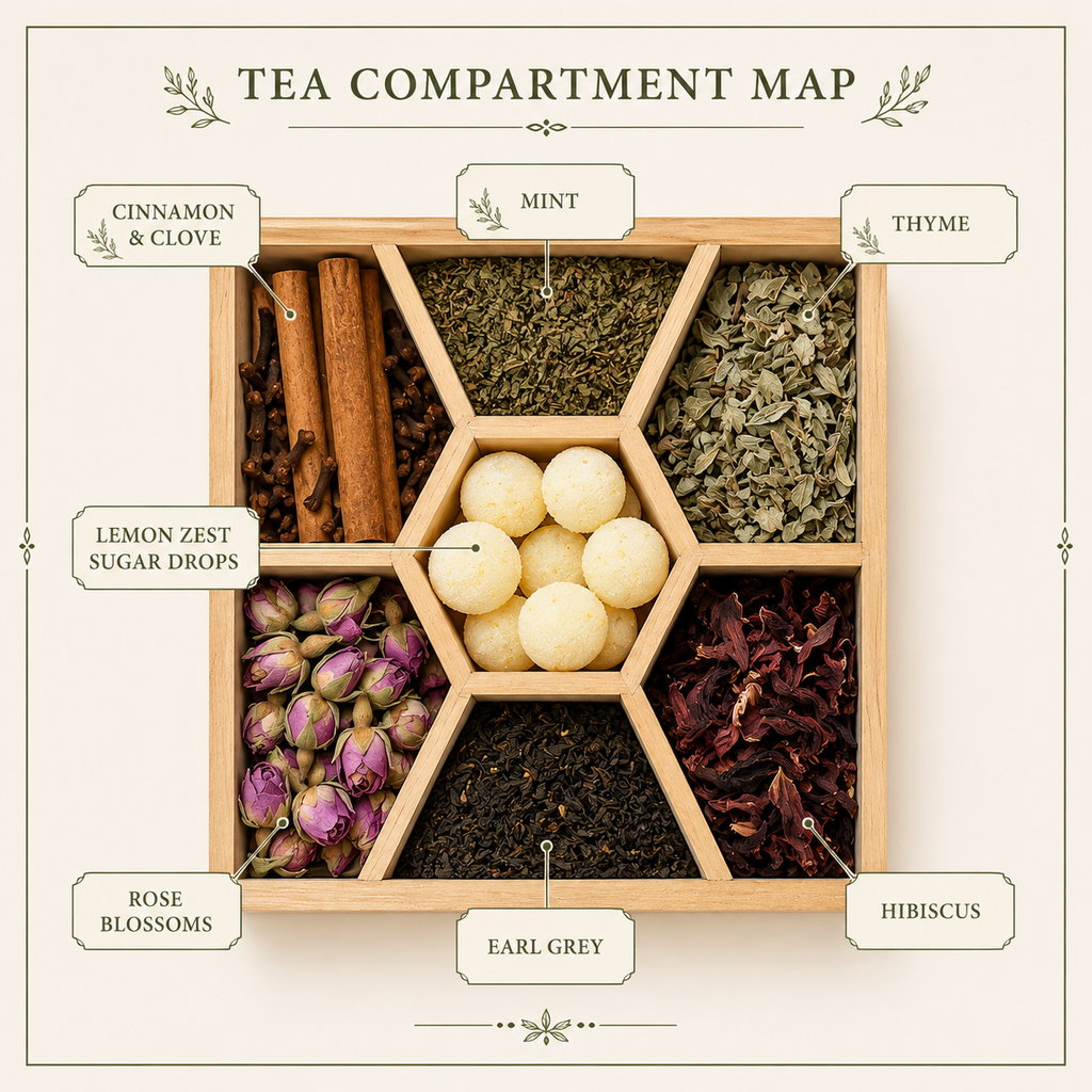 Nur & Thyme Tea Palette, Loose Leaf Tea Sampler, Herbal Blend Box (Wooden Gift Set), Tea Party in a Box